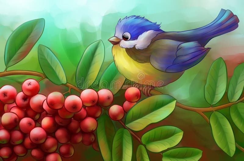 Vogel auf einer Niederlassung der Eberesche lizenzfreie abbildung Vogel auf einer Niederlassung der Eberesche lizenzfreie abbildung