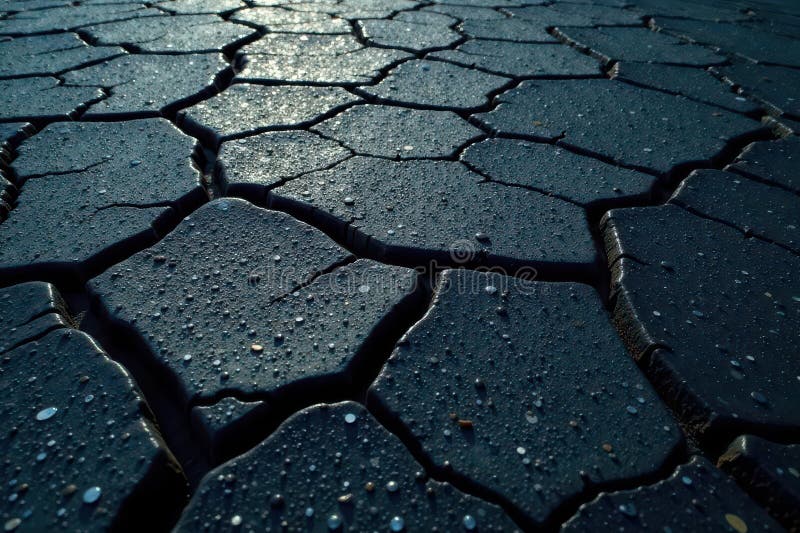 Asphalt aus der Vogelperspektive, ein Netzwerk von Rissen. Dunkelgrauer Asphalt mit umfangreicher Rissbildung, gealterte Autobahn stock abbildung