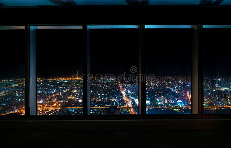 Vogelperspektive der Osaka-Skyline durch ein Wolkenkratzerfenster