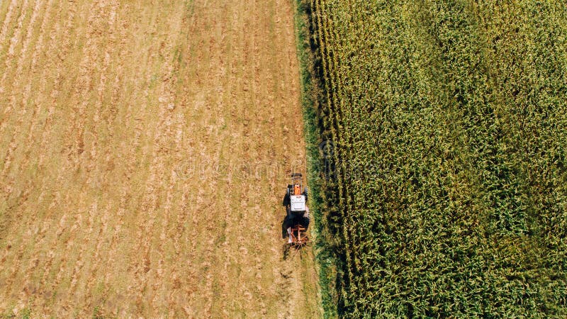 Vogelperspektive des Landwirts, der moderne Maschinerie für das Ernten verwendet stockfotografie Vogelperspektive des Landwirts, der moderne Maschinerie für das Ernten verwendet stockfotografie