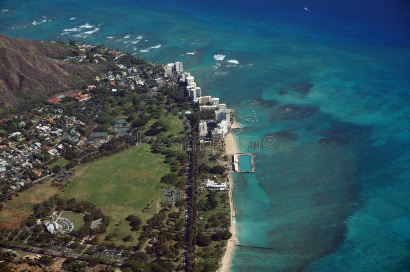 Aerial view of Kapiolani Park, Waikiki Shell, Natatorium, Zoo, Kapahulu town, Pacific ocean on Oahu, Hawaii. April 2016. Aerial view of Kapiolani Park, Waikiki Shell, Natatorium, Zoo, Kapahulu town, Pacific ocean on Oahu, Hawaii. April 2016.