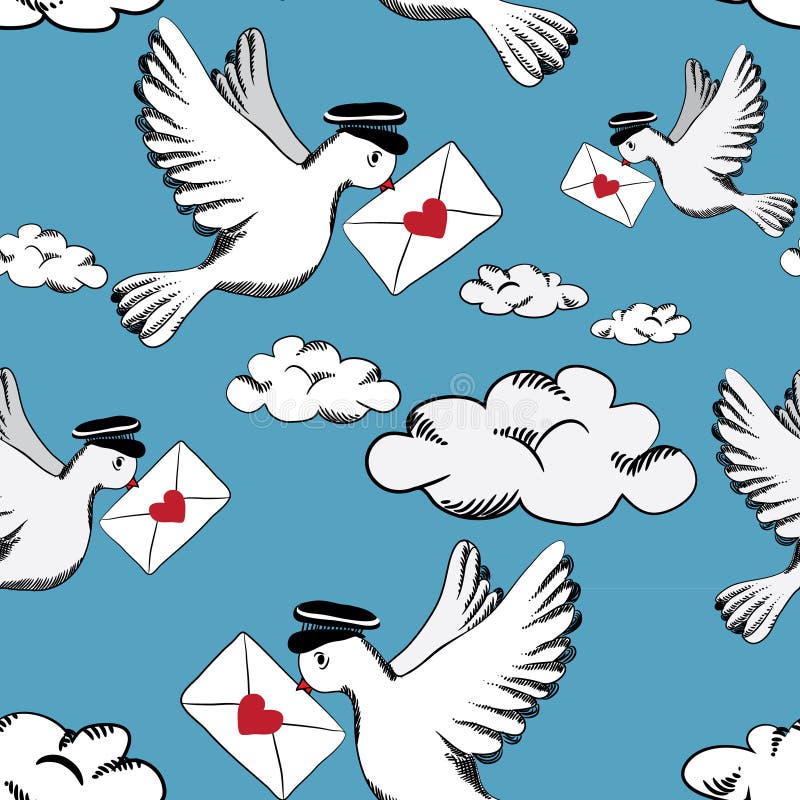 Vogels met liefdebrieven in de hemel met wolken Naadloos patroon royalty-vrije illustratie Vogels met liefdebrieven in de hemel met wolken Naadloos patroon royalty-vrije illustratie
