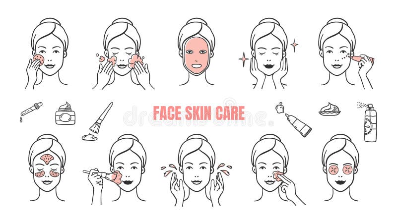 Face skin care icons. Makeup removal and dermatology infographic elements, facial masks and skincare cream. Vector illustration hand drawn symbol set for woman spa instruction apply. Face skin care icons. Makeup removal and dermatology infographic elements, facial masks and skincare cream. Vector illustration hand drawn symbol set for woman spa instruction apply