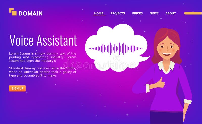 Voice assistant. Landing page design. Happy Girl with a cloud of sound waves. UI, UX, mobile app, web site concept template for personal online assistant. r