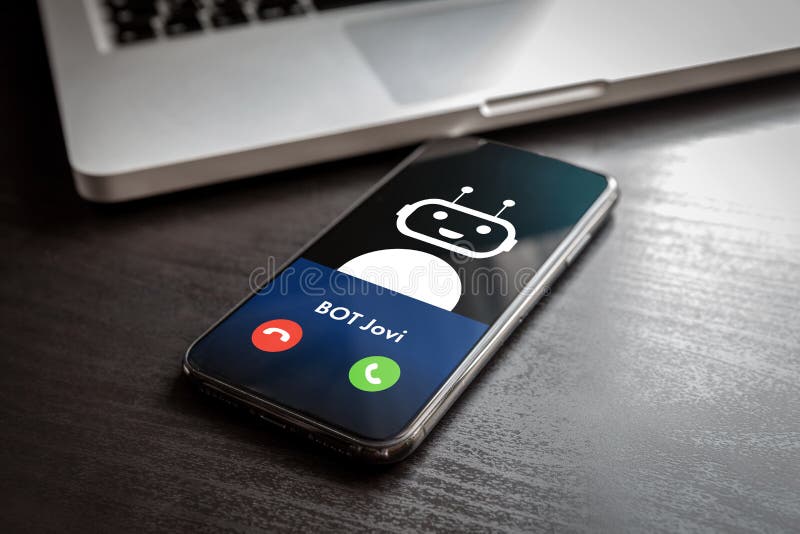 Voice Bot calling to user phone. Cute smiling robot wait answer to call. AI Support voice recognition service chat bot concept, virtual online help customer support. Or spamcall with advertising