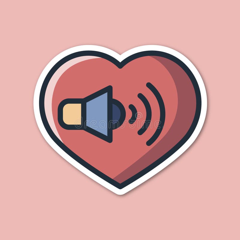 Heart-shaped sticker with a pink background features a stylized loudspeaker icon. The loudspeaker is blue and beige, and emits sound waves illustrated as dark curved lines. Thick white and black outlines accentuate the heart and speaker, providing a contrast against the pastel backdrop. The design suggests themes of expression or communication, possibly related to music or broadcasting. Announcement emoticon vectors