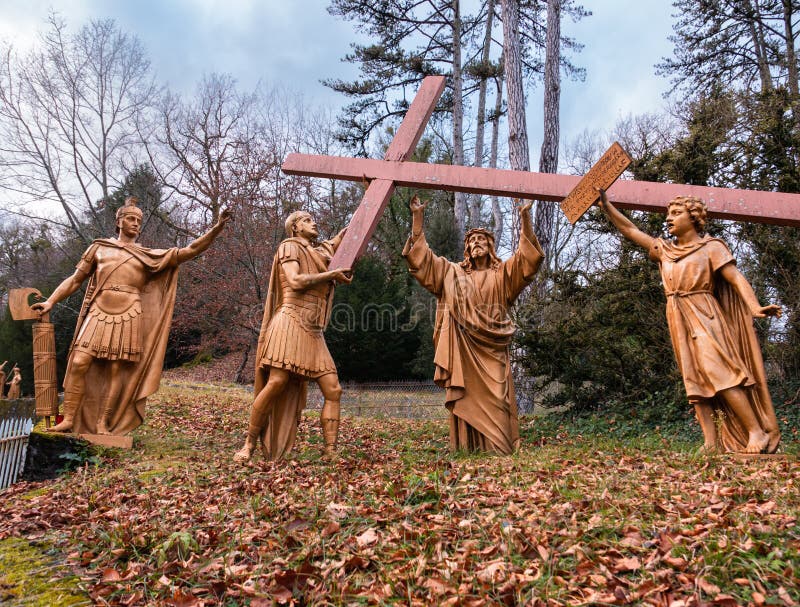 Lourdes, France - January 5, 2022: Way of the cross of Lourdes - second station: Jesus receives his cross. Lourdes, France - January 5, 2022: Way of the cross of Lourdes - second station: Jesus receives his cross