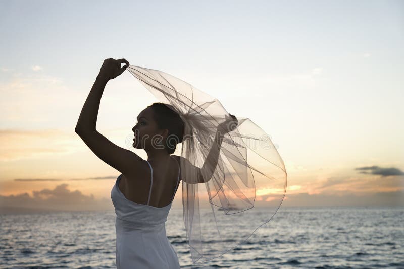 Voile de fixation de mariée sur la plage photographie stock Voile de fixation de mariée sur la plage photographie stock