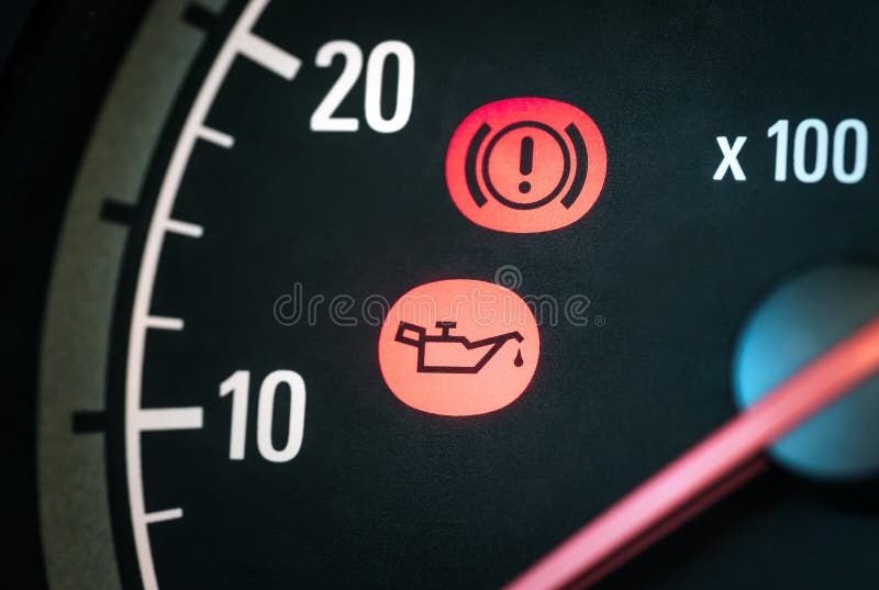 Car with oil and hand break icon. Warning, maintenance and service lights in dashboard. Vehicle panel with red indicator symbol. Service or maintenance needed. Car with oil and hand break icon. Warning, maintenance and service lights in dashboard. Vehicle panel with red indicator symbol. Service or maintenance needed.