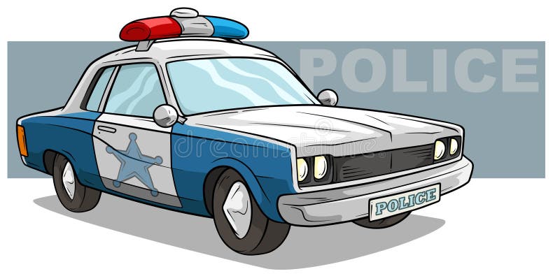 Voiture de police bleue de bande dessinée avec l'insigne d'or illustration de vecteur Voiture de police bleue de bande dessinée avec l'insigne d'or illustration de vecteur