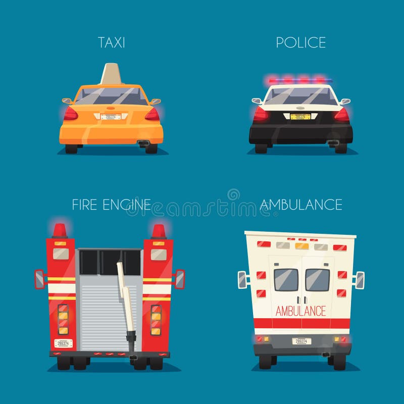 Voiture de police, de taxi, d'ambulance et Firetruck Illustration de dessin animé de vecteur illustration stock Voiture de police, de taxi, d'ambulance et Firetruck Illustration de dessin animé de vecteur illustration stock