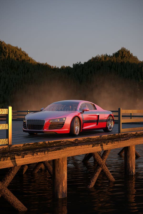 Voiture de sport de luxe 3d illustrée, dans un début de la matinée illustration de vecteur Voiture de sport de luxe 3d illustrée, dans un début de la matinée illustration de vecteur