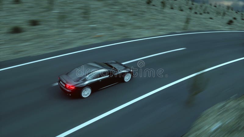 Voiture de sport noire sur la route, route Entraînement très rapide Environnement foncé Animation 4K réaliste superbe