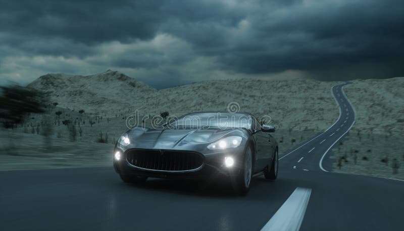Voiture de sport noire sur la route, route Entraînement très rapide rendu 3d photographie stock Voiture de sport noire sur la route, route Entraînement très rapide rendu 3d photographie stock