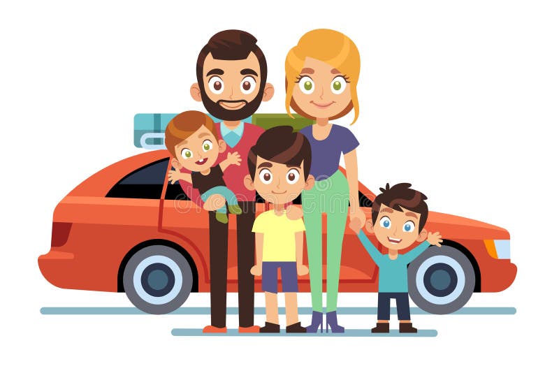 Voiture familiale Les jeunes parents heureux engendrent la mère que les enfants choient le voyage par la route automatique de vac illustration stock Voiture familiale Les jeunes parents heureux engendrent la mère que les enfants choient le voyage par la route automatique de vac illustration stock