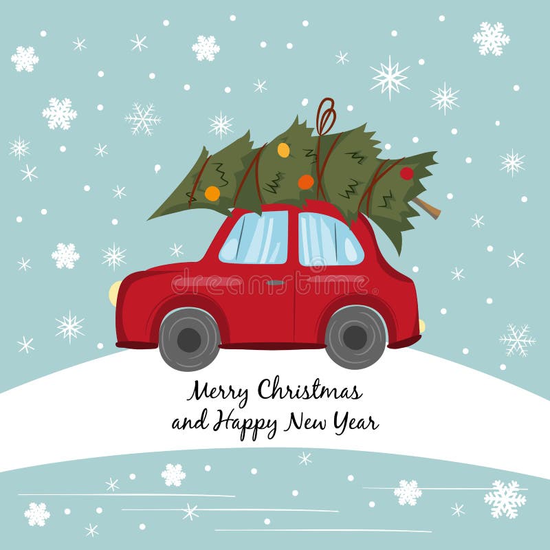 Voiture rouge avec l'arbre de Noël sur le fond d'hiver illustration stock Voiture rouge avec l'arbre de Noël sur le fond d'hiver illustration stock