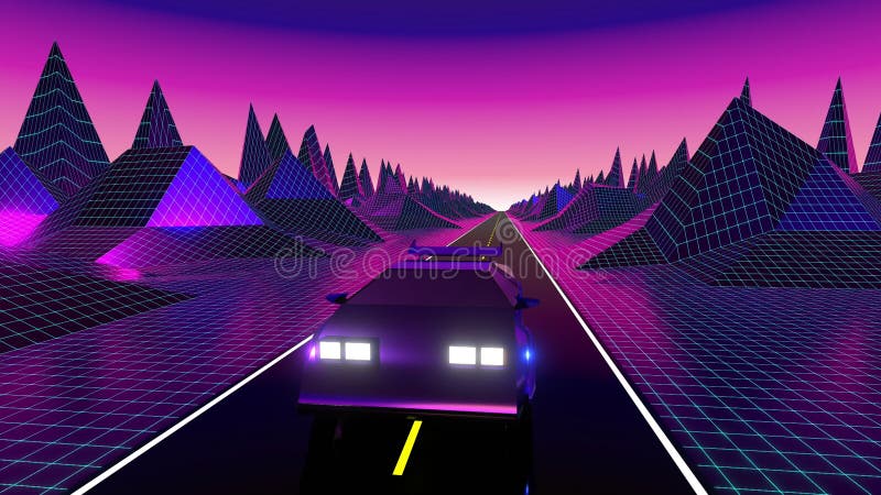 Voiture rétro design futuriste 80s sur une animation numérique 3840 x de la route 2160 px 4k 3d illustration stock