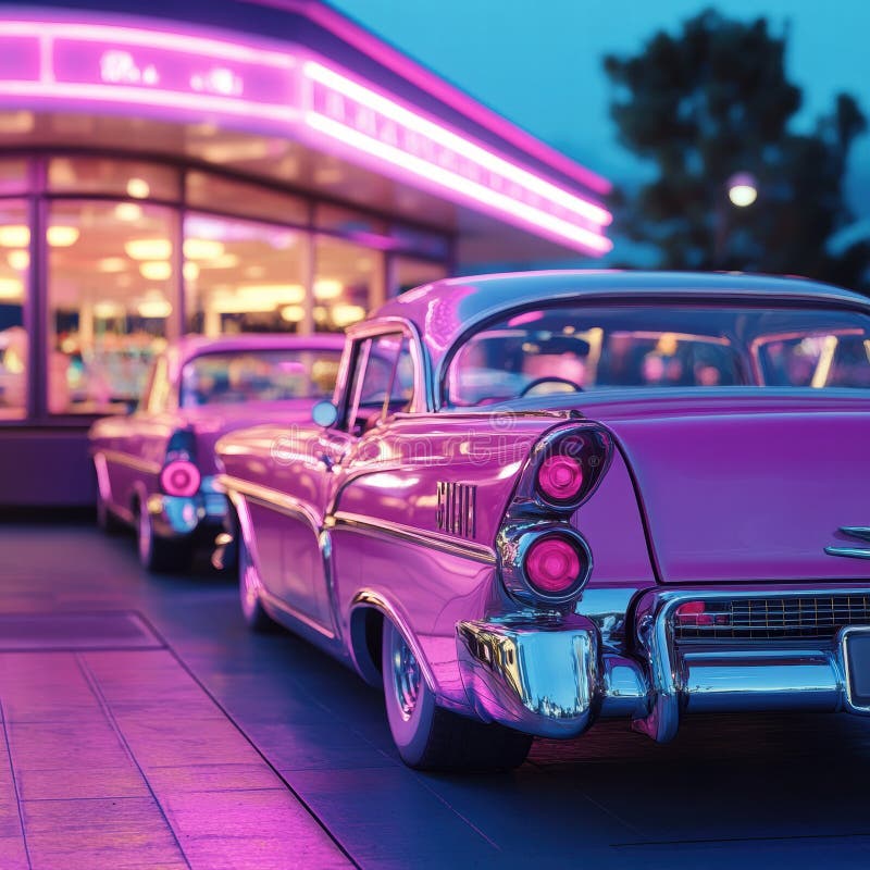 Voitures américaines classiques des années 1950 stationnées devant un diner rétro animé à la tombée de la nuit. ai génératif. Les voitures américaines classiques des années 1950 sont garées devant un joyeux diner rétro illuminé de néons en soirée.