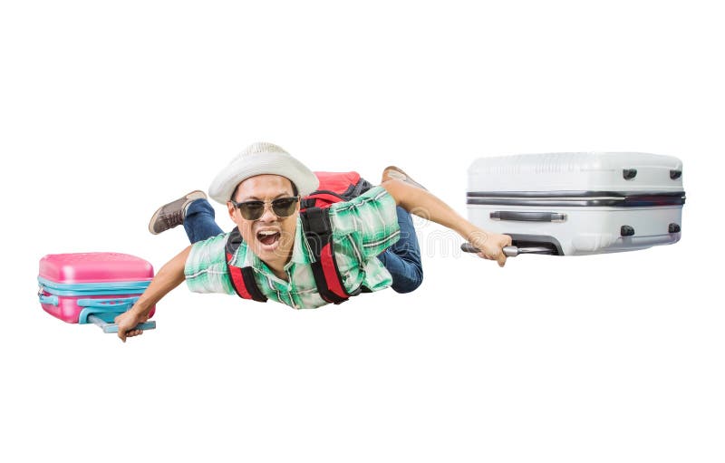 Vol de déplacement d'homme avec le sac de bagage flottant le Ba blanc d'isolement images stock Vol de déplacement d'homme avec le sac de bagage flottant le Ba blanc d'isolement images stock