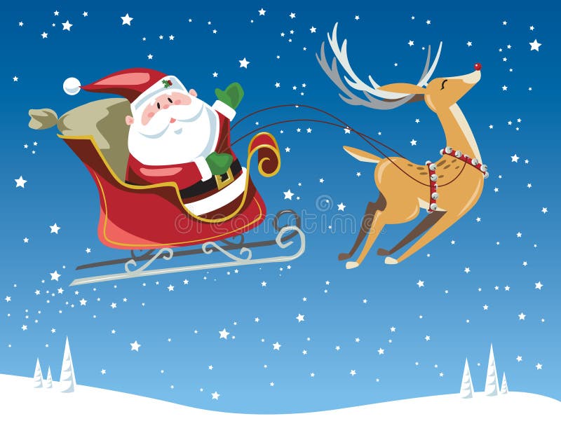 Vol du père noël dans le traîneau le réveillon de Noël illustration stock Vol du père noël dans le traîneau le réveillon de Noël illustration stock