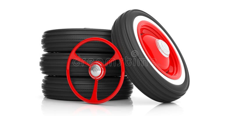 Volante e pneumáticos do carro isolados no branco ilustração 3D ilustração stock Volante e pneumáticos do carro isolados no branco ilustração 3D ilustração stock