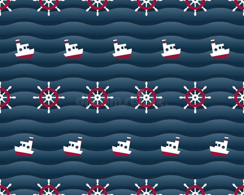 Steering wheels and boats on navy background seamless pattern. Vector illustration. Steering wheels and boats on navy background seamless pattern. Vector illustration