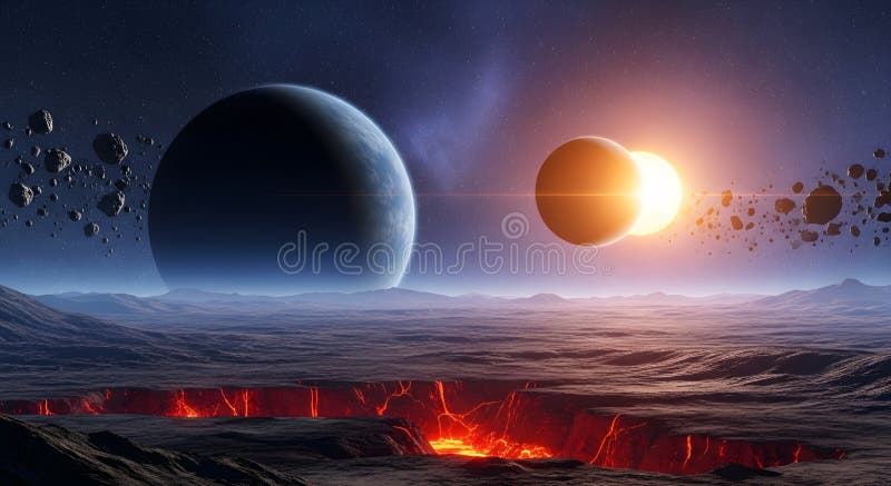 Volcanic Alien Planet Landscape with Solar Eclipse stock illustration