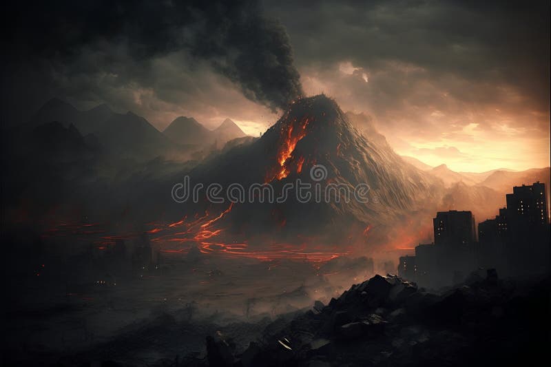 Volcanic Eruption at Sunset, 3d Render of a Volcano Eruption Stock Illustration Illustration
