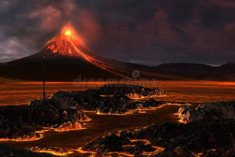 Red hot lava runs through the landscape as a volcanic mountain explodes with fire.