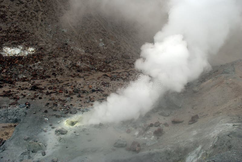 Volcanic vents with smoke, sulfur and ash