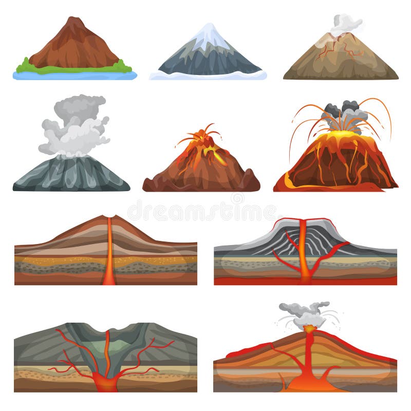 Volcano vector eruption and volcanism or explosion convulsion of nature volcanic in mountains illustration set of