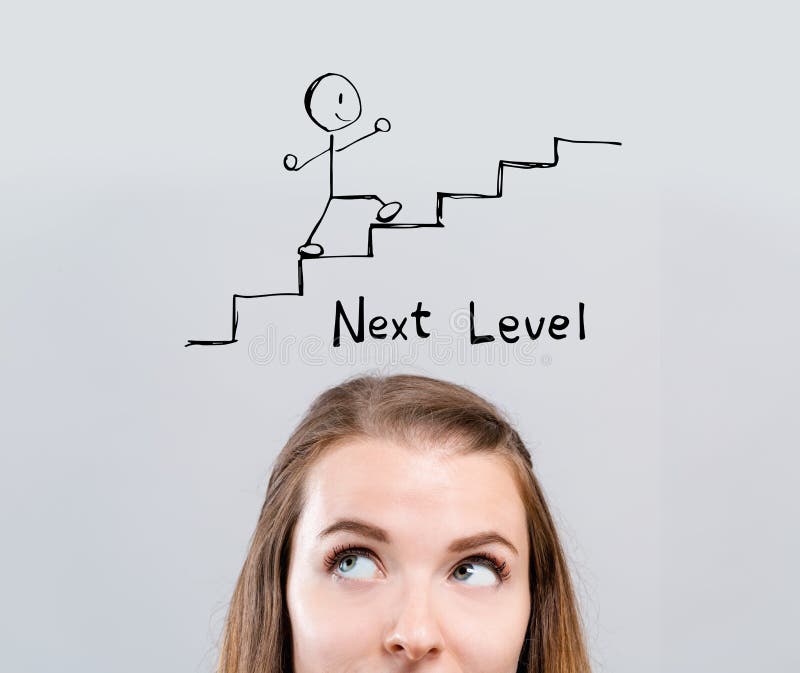 Volgende niveauconcept met jonge vrouw stock afbeelding Volgende niveauconcept met jonge vrouw stock afbeelding