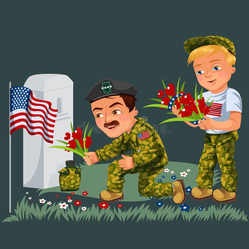 Volkstrauertaghintergrund, amerikanische Veterane legen Blumen zur weißen Finanzanzeige des Monuments mit uns Flagge, Soldaten in vektor abbildung Volkstrauertaghintergrund, amerikanische Veterane legen Blumen zur weißen Finanzanzeige des Monuments mit uns Flagge, Soldaten in vektor abbildung