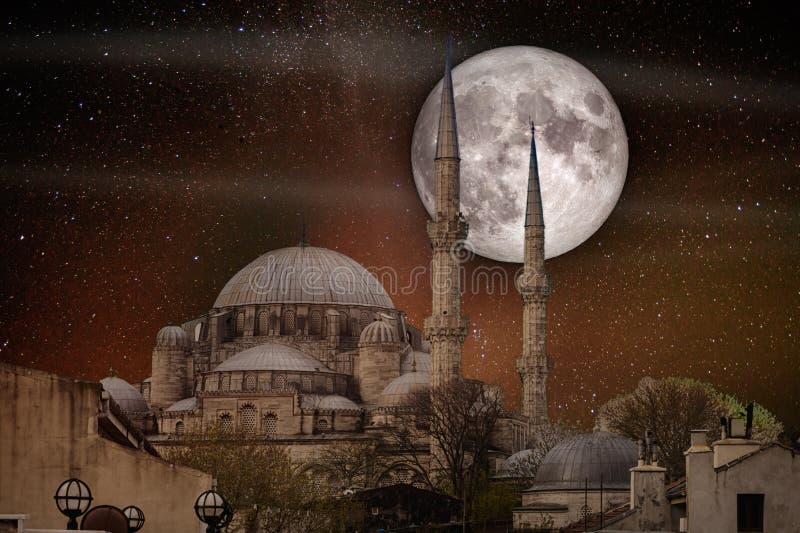 Full moon over the Fatih Mosque Conqueror`s Mosque, Istanbul, Turkey. Elements of this image furnished by NASA. Full moon over the Fatih Mosque Conqueror`s Mosque, Istanbul, Turkey. Elements of this image furnished by NASA