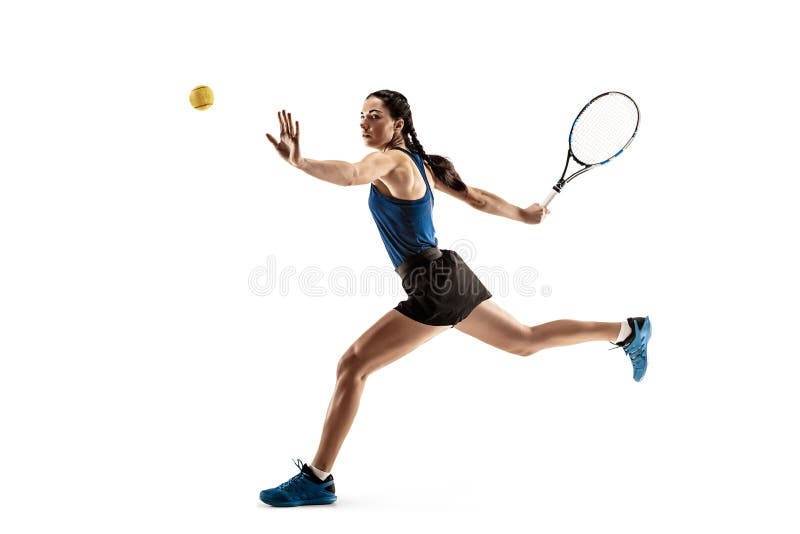 Volledig lengteportret van jong vrouwen speeldietennis op witte achtergrond wordt geïsoleerd stock afbeeldingen Volledig lengteportret van jong vrouwen speeldietennis op witte achtergrond wordt geïsoleerd stock afbeeldingen