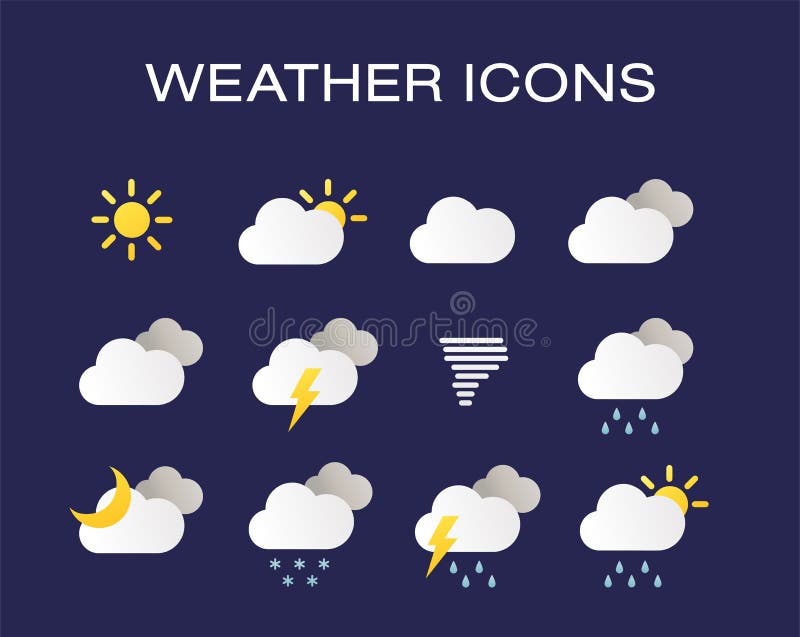 Volledige reeks moderne realistische weerpictogrammen Moderne geplaatste weerpictogrammen Vlakke vectorsymbolen op donkere achter royalty-vrije illustratie Volledige reeks moderne realistische weerpictogrammen Moderne geplaatste weerpictogrammen Vlakke vectorsymbolen op donkere achter royalty-vrije illustratie