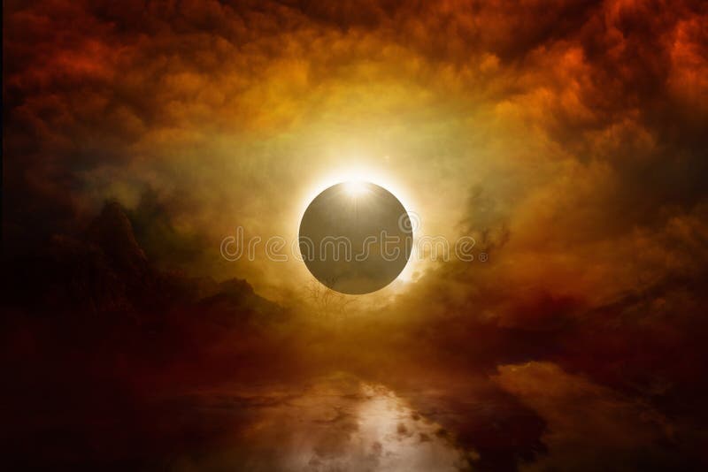 Volledige zonverduistering in donkerrode hemel, eind van wereld stock afbeeldingen Volledige zonverduistering in donkerrode hemel, eind van wereld stock afbeeldingen