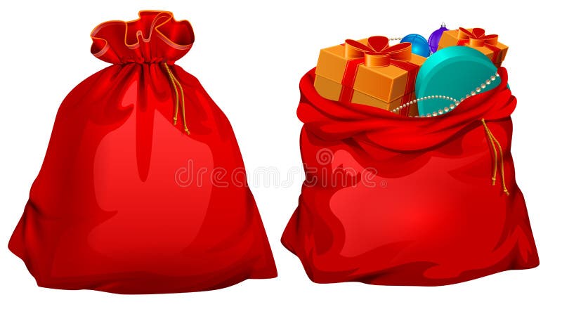 Volles Geschenk offen und geschlossene Weihnachtsmann-Rottasche vektor abbildung Volles Geschenk offen und geschlossene Weihnachtsmann-Rottasche vektor abbildung