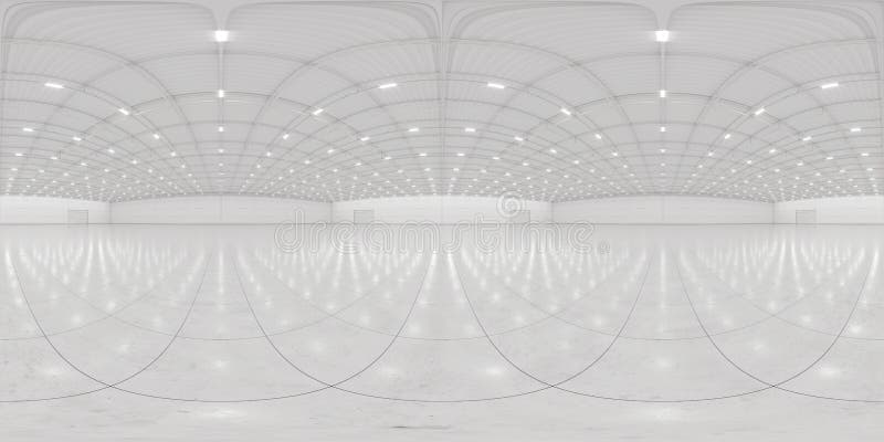 Volles kugelförmiges hdri Panorama 360 Grad leere Autosalon. Hintergrund für Ausstellungen und Ereignisse. Fliesenboden. Marketing