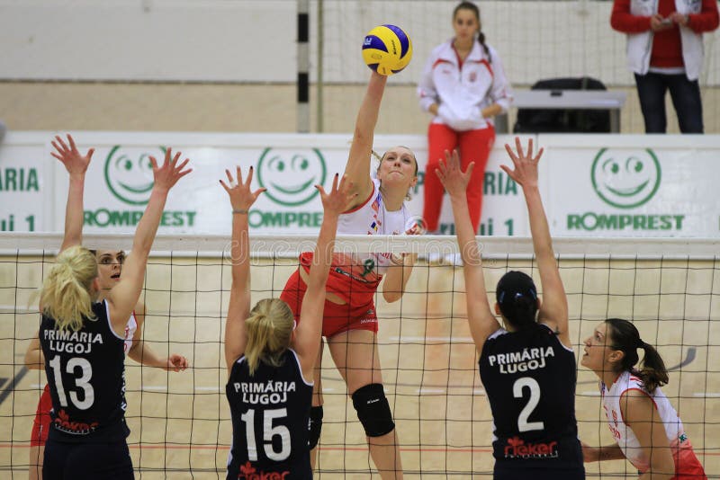 Volleyball players pictured in action during the Romanian League One game between Dinamo Bucharest and CSM Lugoj. Dinamo won the game, 3-0. Volleyball players pictured in action during the Romanian League One game between Dinamo Bucharest and CSM Lugoj. Dinamo won the game, 3-0.
