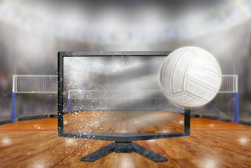 Volleyball Flying Out of TV Screen in Arena Stock Photo - Image of ...