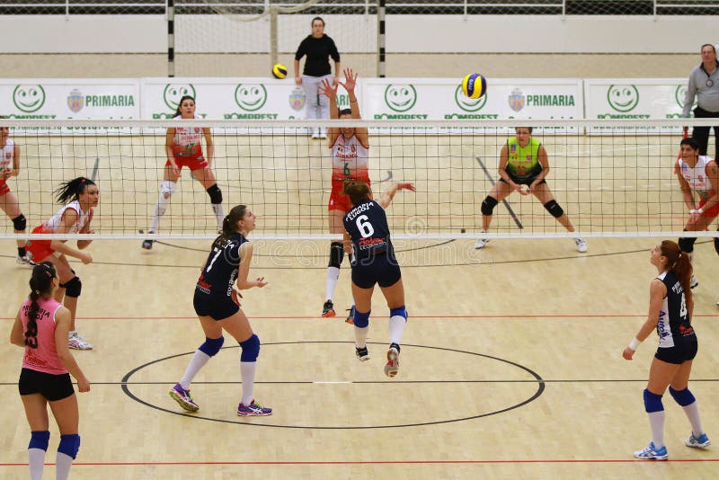 Volleyball players pictured in action during the Romanian League One game between Dinamo Bucharest and CSM Lugoj. Dinamo won the game, 3-0. Volleyball players pictured in action during the Romanian League One game between Dinamo Bucharest and CSM Lugoj. Dinamo won the game, 3-0.