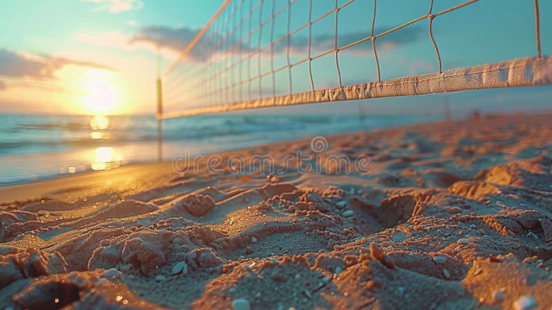 A volleyball net set up on a sandy beach next to the ocean, ready for players to enjoy a game under the sunny sky. AI Generative AI generated. A volleyball net set up on a sandy beach next to the ocean, ready for players to enjoy a game under the sunny sky. AI Generative AI generated