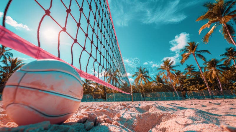 A volleyball net set up on a sandy beach next to the ocean, ready for players to enjoy a game under the sunny sky. AI Generative AI generated. A volleyball net set up on a sandy beach next to the ocean, ready for players to enjoy a game under the sunny sky. AI Generative AI generated