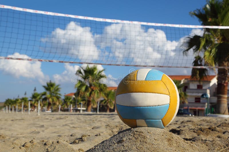 Volleyball Net, Volleyball On Beach And Palm Trees Stock Photo Image