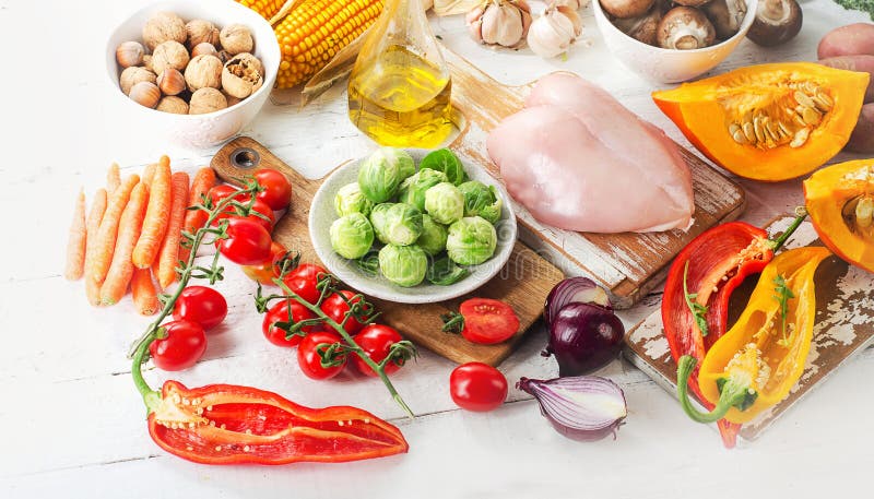 Balanced diet concept. Fruits, vegetables and chicken fillet. View from above. Balanced diet concept. Fruits, vegetables and chicken fillet. View from above