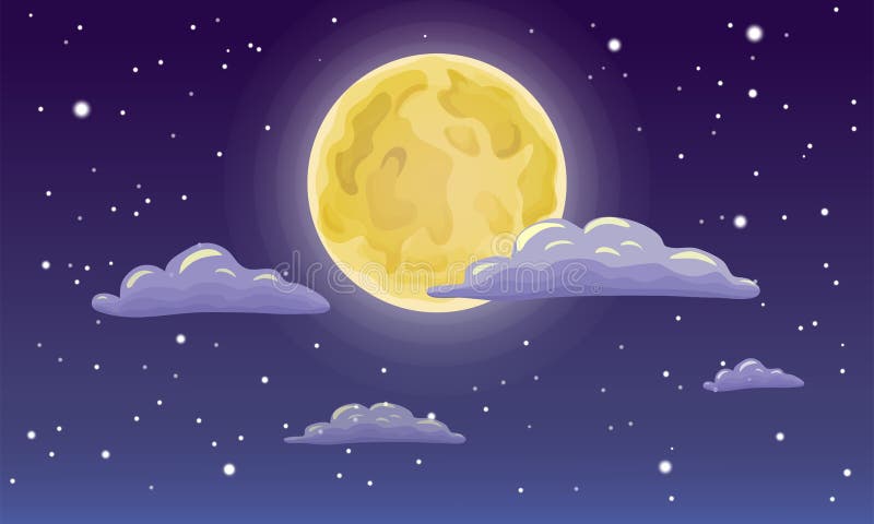 Vollmond, Sterne und Wolken am dunklen Mitternachtshimmel Hintergrund der nächtlichen Himmelslandschaft Cartoon Vollmond auf dunk