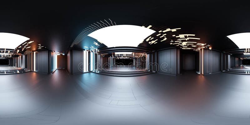 Vollständige 360 äquirechteckige kugelförmige Panorama-Blick auf dunkle moderne futuristische Technologie Gebäude Architektur 3D-R