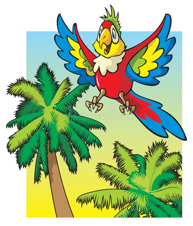 Volo del pappagallo sopra le palme illustrazione vettoriale Volo del pappagallo sopra le palme illustrazione vettoriale