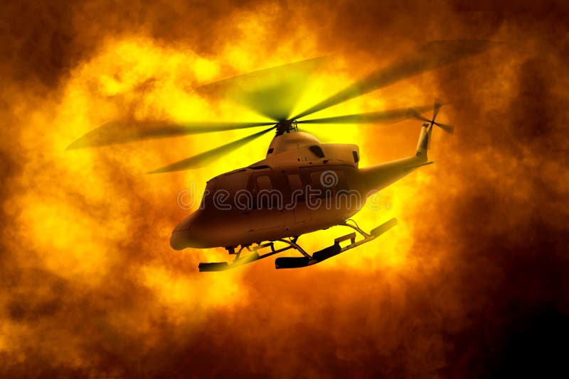 Volo dell'elicottero a partire dalle nuvole di fumo arancio immagini stock libere da diritti Volo dell'elicottero a partire dalle nuvole di fumo arancio immagini stock libere da diritti